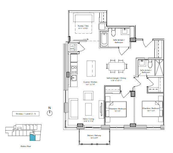 A floor plan of a house with a living room, dining room, kitchen, and two bedrooms.