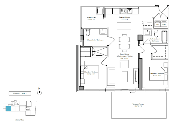 A floor plan of a house with a kitchen, living room, and bathrooms.