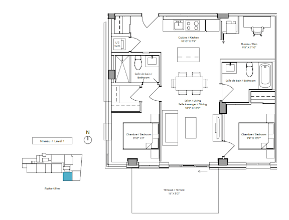 A floor plan of a house with a kitchen, living room, and two bedrooms.