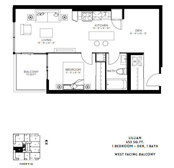 A black and white image of a floor plan for a one bedroom apartment.