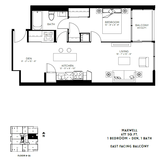 A black and white image of a floor plan for a one bedroom apartment with a den and a bath.