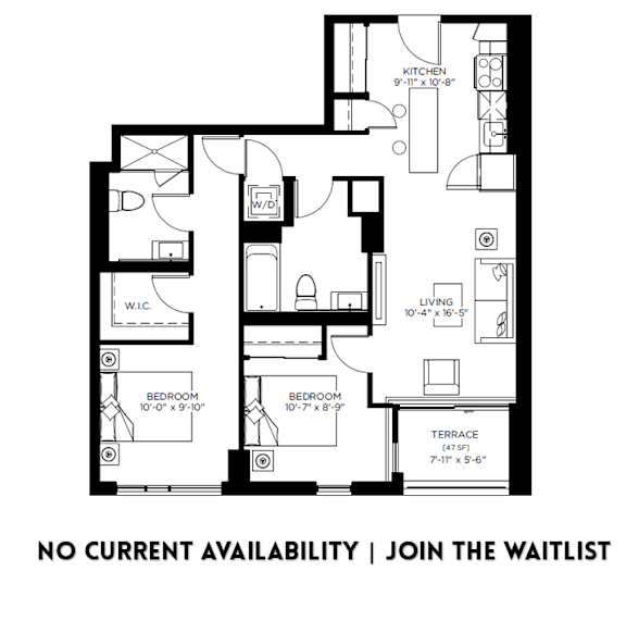 A black and white image of a floor plan for a house with a kitchen, living room, two bedrooms, and a terrace.