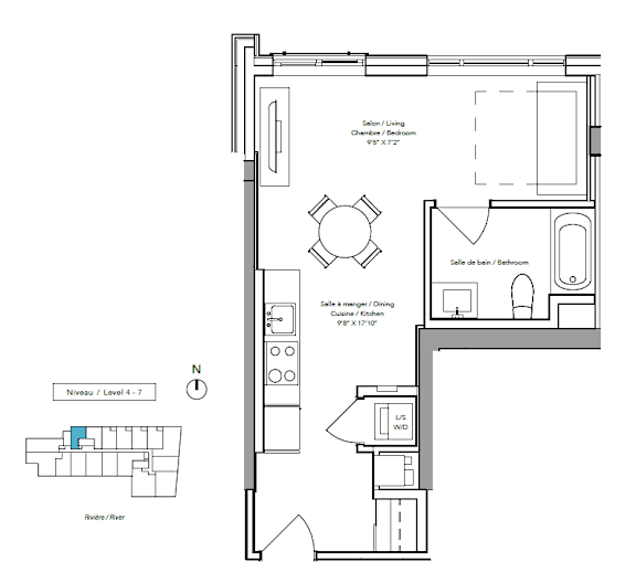 A floor plan of a house with a living room, kitchen, and bathroom.
