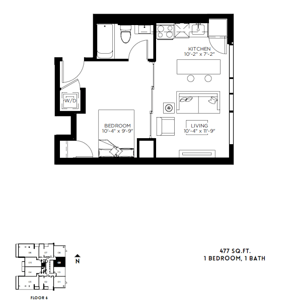A floor plan of a one bedroom apartment with a living room and kitchen.