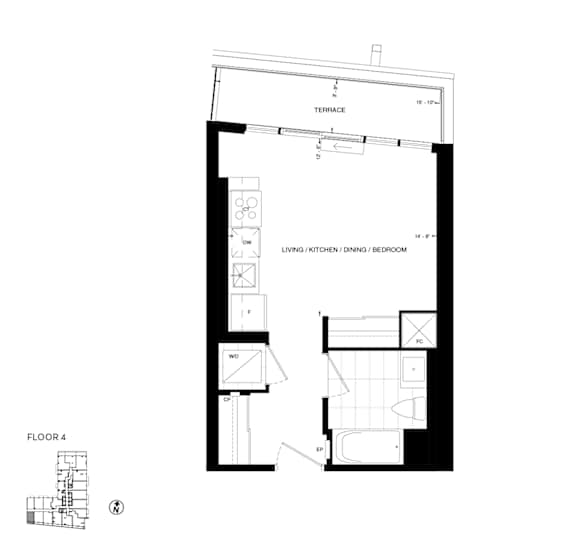 a floor plan of a small house with a bedroom and a bathroom