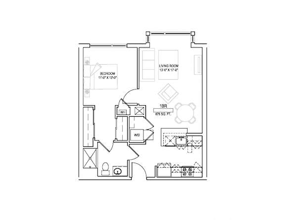 A floor plan of a small apartment with a bedroom, living room, and bathroom.