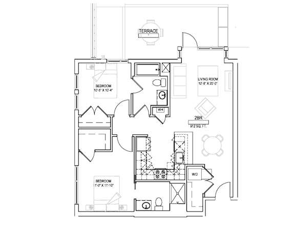 A floor plan of a house with two bedrooms, a living room, a bathroom, and a terrace.