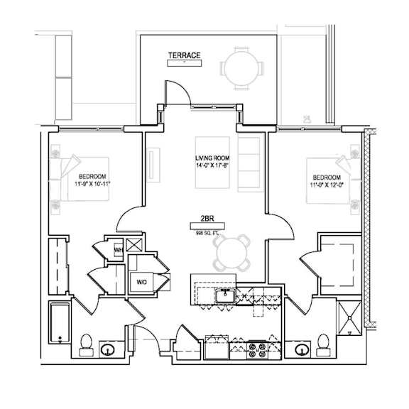 A floor plan of a house with two bedrooms, a living room, a terrace, a 2BR option, and a WC.
