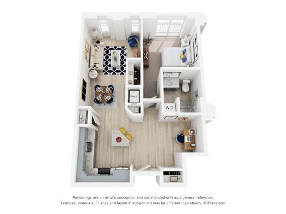 A 3D flooor plan of a small one bedroom apartment with a kitchen, living room, den and bathroom.