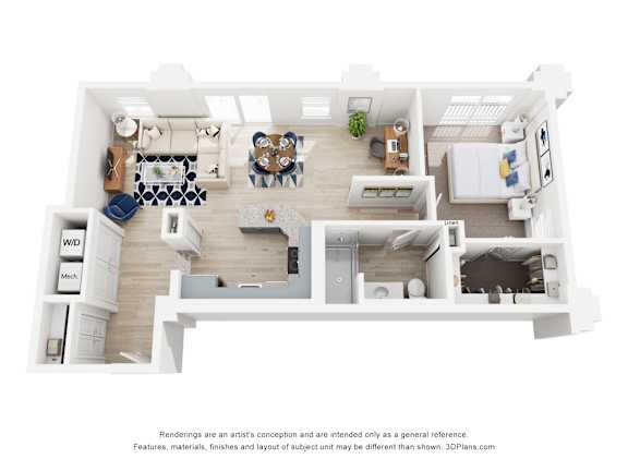 A 3D floor plan of a house with a kitchen, living room, dining room, and two bedrooms.