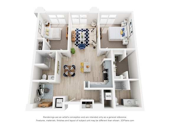 A floor plan of a small apartment with a kitchen, living room, and two bedrooms.
