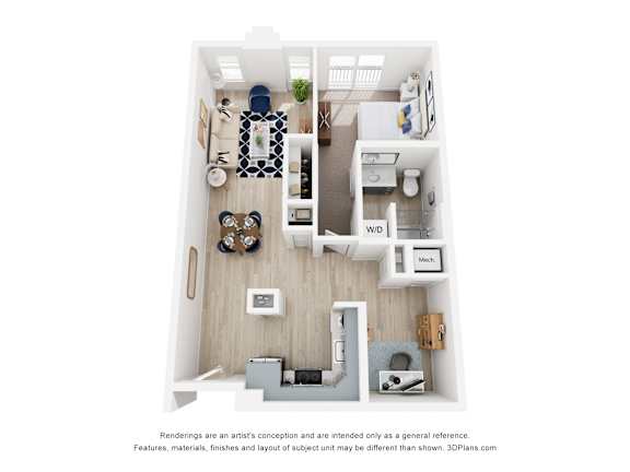 A 3D floor plan of a small one bedroom apartment with a kitchen, living room, den and bathroom.