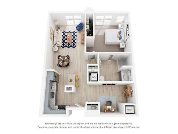 A floor plan of a 1 bedroom apartment with a kitchen, living room, den and bathroom.