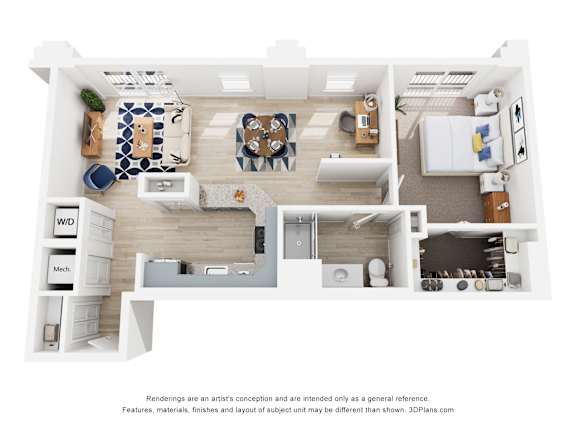 A 3D floor plan of a one bedroom apartment with a kitchen, living room, dining room, den, walk-in closet and bathroom.