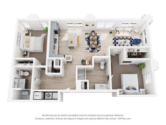 A 3D floor plan of a two bedroom two bathroom apartment with a kitchen, living room, and two bedrooms.