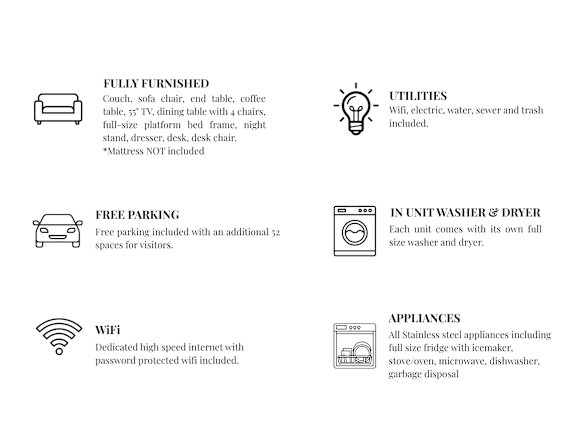 A list of amenities and appliances for a fully furnished unit, including free street parking, WiFi, and a washer and dryer.
