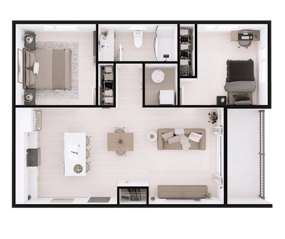 A top-down view of a well-organized apartment with a kitchen, living room, and bedroom.