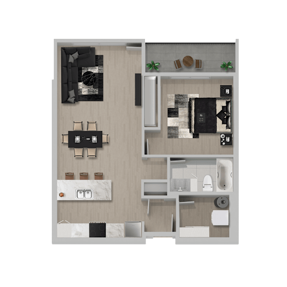 A floor plan of a small apartment with a kitchen, living room, and bathroom.