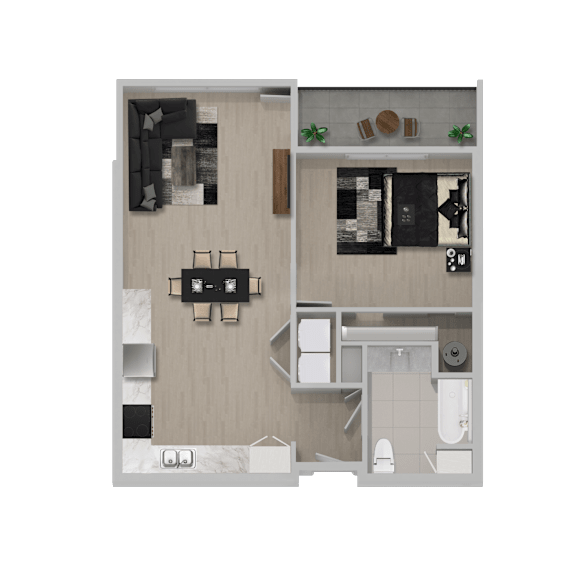 A floor plan of a small apartment with a kitchen, living room, and bathroom.