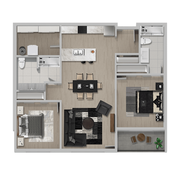A top-down view of a modern apartment layout with a kitchen, living room, and bathroom.