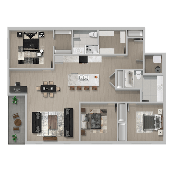 A floor plan of a house with a kitchen, living room, and two bedrooms.