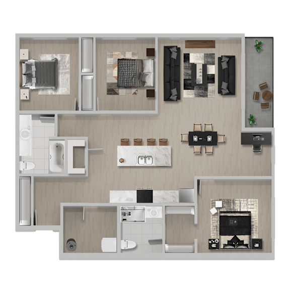 A floor plan of a house with a kitchen, living room, and bathrooms.