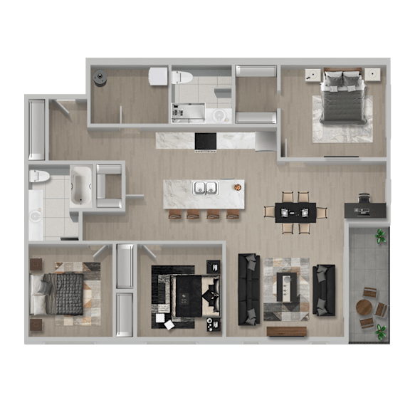 A top-down view of a modern apartment layout with a kitchen, living room, and bedrooms.