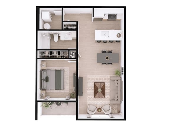 A top-down view of a living room, kitchen, and bathroom.