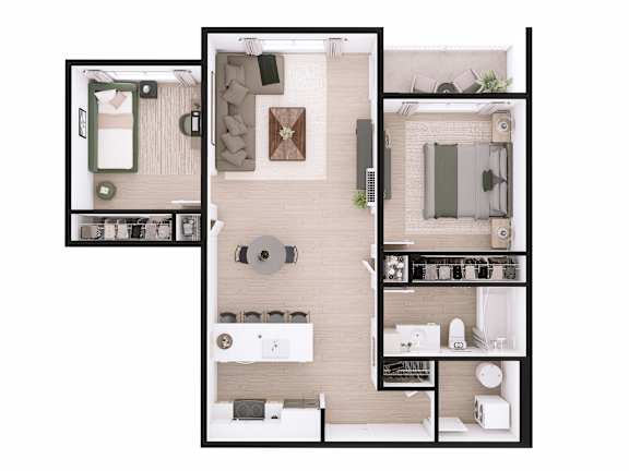 A top down view of a small apartment with a kitchen, living room, and bathroom.