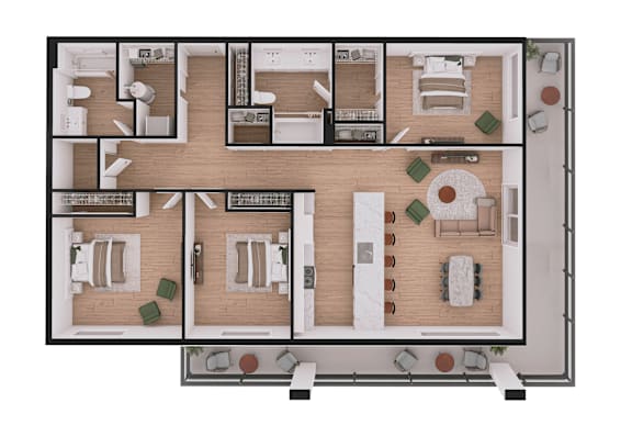 A floor plan of a house with a living room, dining room, kitchen, and two bedrooms.