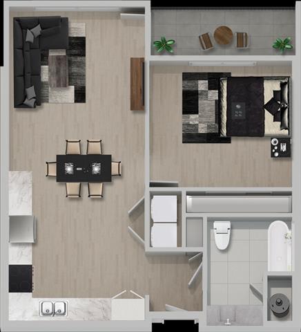 the layout of a bedroom with a bathroom and a balcony
