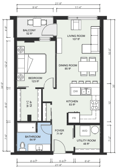 A floor plan of a two-bedroom apartment with a living room, dining room, kitchen, bathroom, and utility room.
