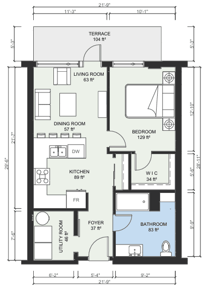 A floor plan of a house with a terrace, living room, dining room, bedroom, bathroom, kitchen, foyer, and utility room.