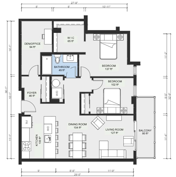 A floor plan of a house with a den/office, two bathrooms, two bedrooms, a living room, a dining room, a kitchen, and a balcony.