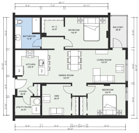 A floor plan of a house with labeled rooms and dimensions.