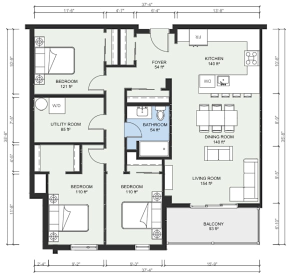 A floor plan of a house with labeled rooms and dimensions.
