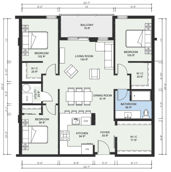 A floor plan of a two-story house with a balcony, living room, dining room, kitchen, and multiple bedrooms.