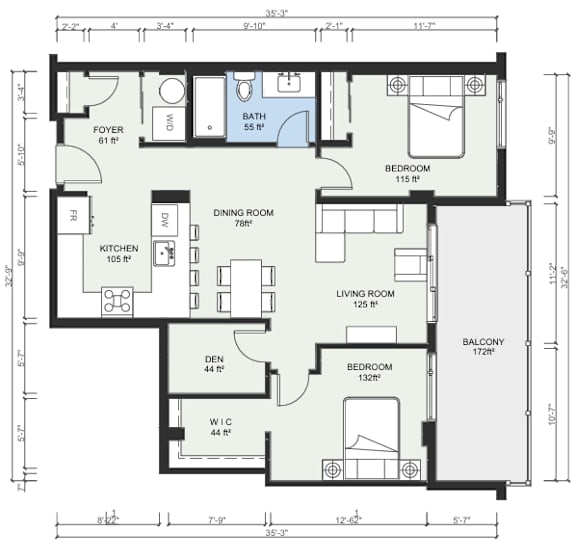 A floor plan of a house with a living room, dining room, kitchen, and multiple bedrooms.