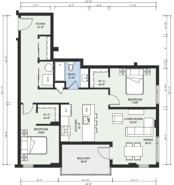 A floor plan of a house with a living room, dining room, kitchen, two bedrooms, a bathroom, and a balcony.