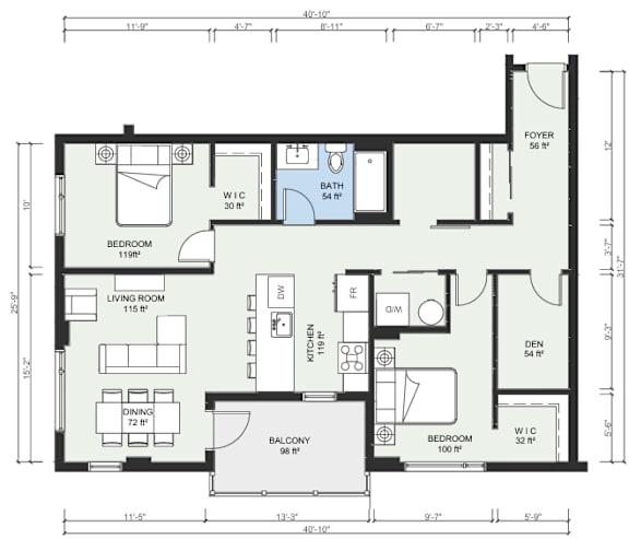 A floor plan of a house with labeled rooms and dimensions.
