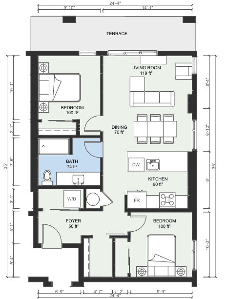 A floor plan of a house with a living room, dining room, kitchen, and multiple bedrooms.