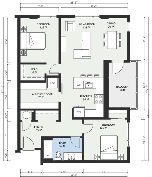 A floor plan of a house with a living room, dining room, kitchen, and multiple bedrooms.