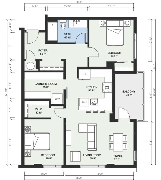 A floor plan of a house with labeled rooms and their dimensions.