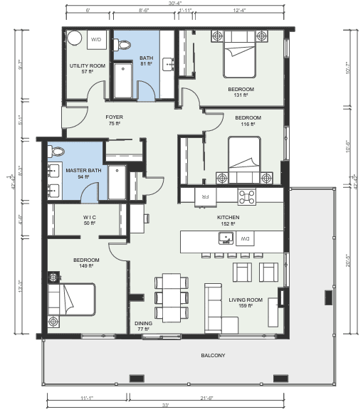 A floor plan of a house with labeled rooms and dimensions.