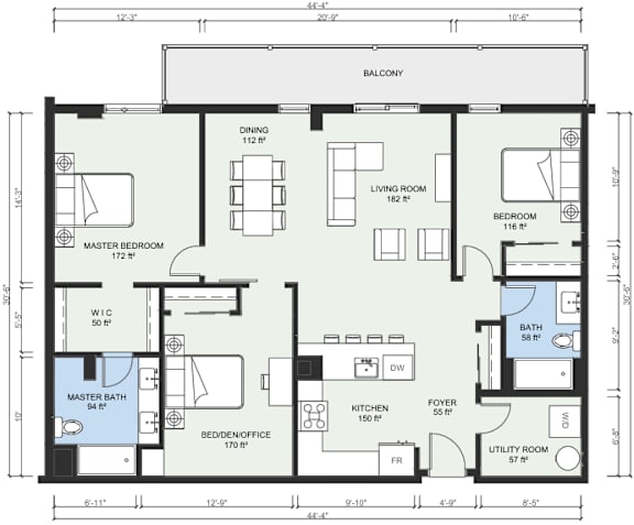 A floor plan of a house with a master bedroom, living room, dining room, kitchen, and bathrooms.