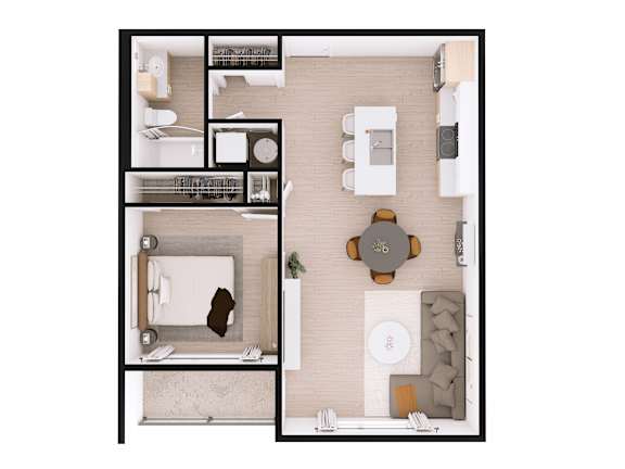 A top-down view of a modern, minimalist apartment layout.