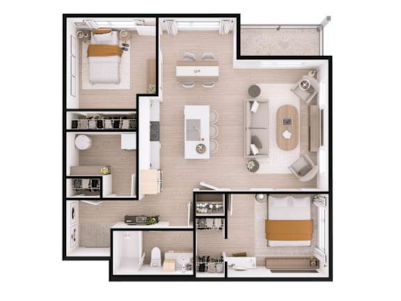A top-down view of a small apartment layout with a kitchen, living room, and bathroom.
