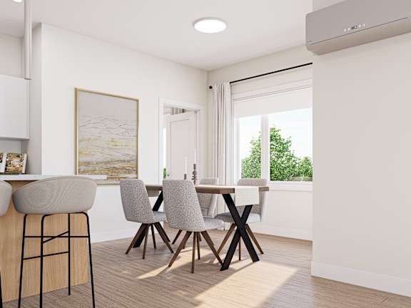 A modern dining room with a wooden table and grey chairs.