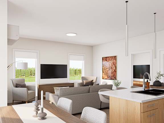 A modern living room with a large window and a kitchen area.