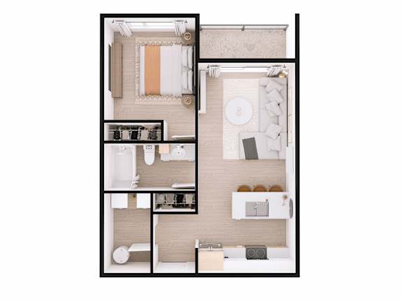 A top-down view of a small apartment with a kitchen, living room, and bathroom.